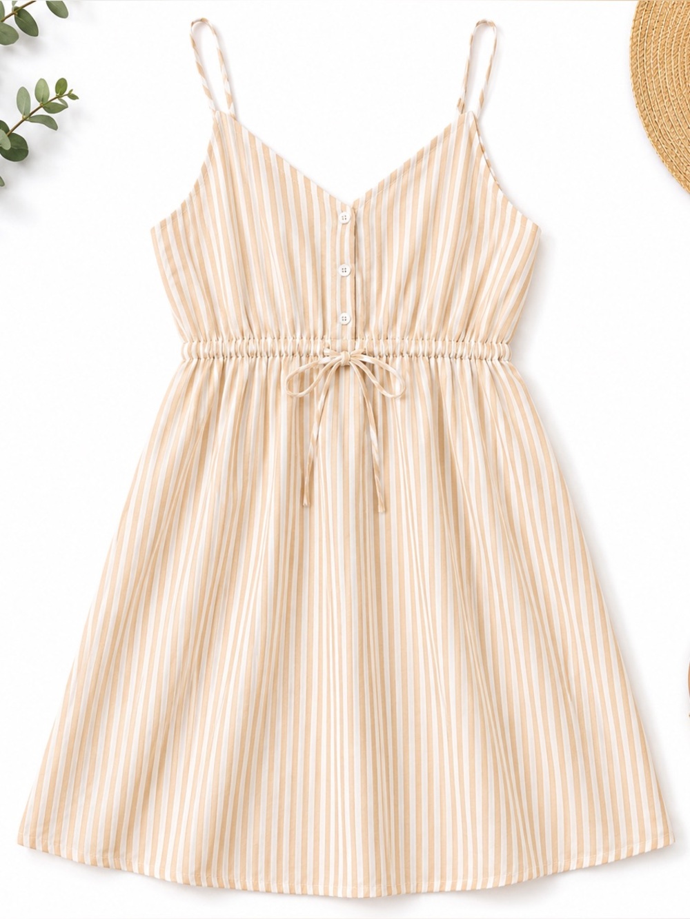 Line + Dot Striped Cotton Sundress XL Beige Ivory